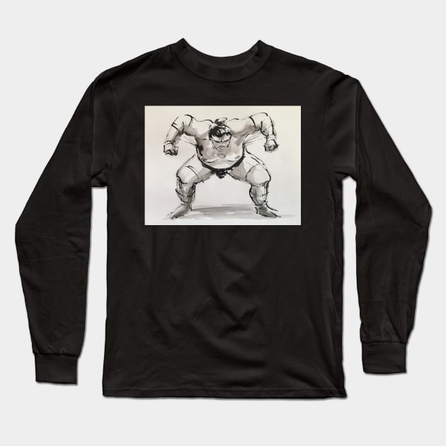 Sumo #9 - Sumo wrestler ink wash painting on paper Long Sleeve T-Shirt by tranquilwaters